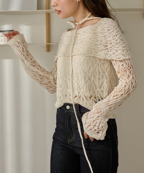 LAULEN(ローレン)の「choker turn back lace knit /チョーカー付き折り返しレース編みニットトップス(ニット/セーター・レディース・ブラウン/ブラック/アイボリー・FREE)」の15枚目の写真