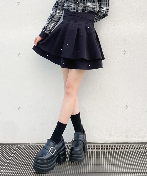 abc une face（アーベーセーアンフェイス）の「クロスリボンWフレアスカート（スカート・レディース・ブラック/ブラック系その他/ダークグレー/ブラック系その他2・FREE）」の5枚目の写真