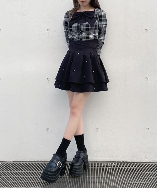 abc une face（アーベーセーアンフェイス）の「クロスリボンWフレアスカート（スカート・レディース・ブラック/ブラック系その他/ダークグレー/ブラック系その他2・FREE）」の8枚目の写真