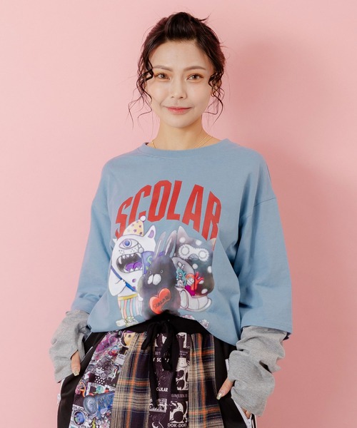 153623：スカラーキャラクターズ柄 レイヤード風ロンT（Tシャツ