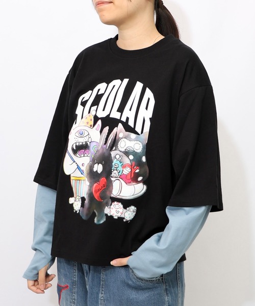 スカラーscolar 153623：スカラーキャラクターズ柄 レイヤード風ロンT 153623：スカラーキャラクターズ柄 レイヤード風ロンT（Tシャツ