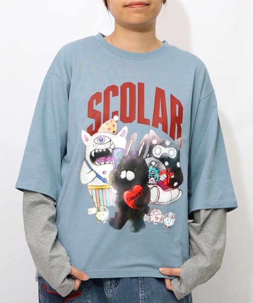 153623：スカラーキャラクターズ柄 レイヤード風ロンT（Tシャツ