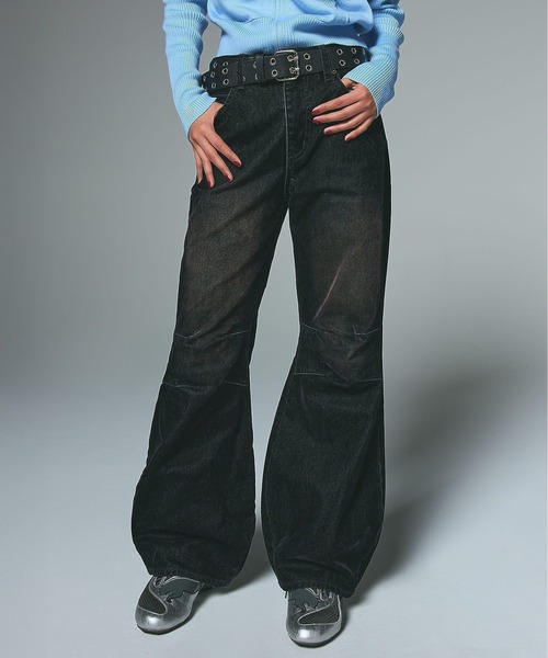 X-girl（エックスガール）の「FLOCKED DENIM FLARE PANTS（デニム