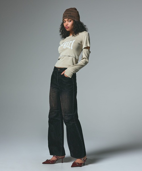 X-girl（エックスガール）の「FLOCKED DENIM FLARE PANTS（デニム