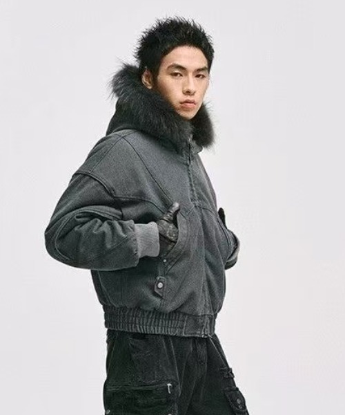 セール】フェイクファーフード付きデニムライクショートブルゾン