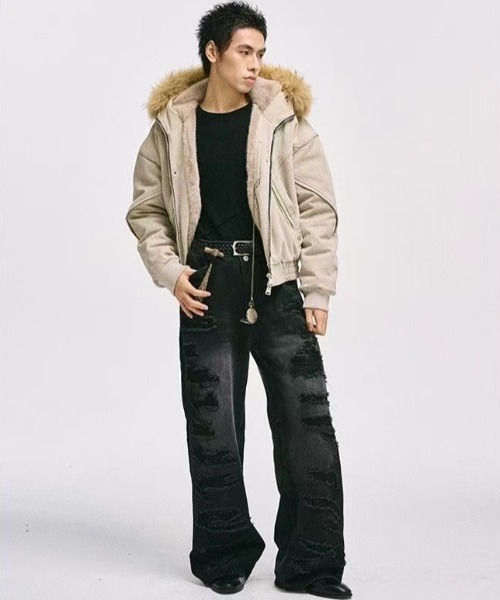 セール】フェイクファーフード付きデニムライクショートブルゾン