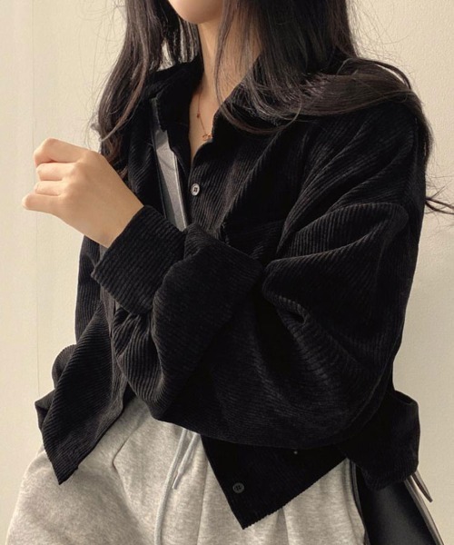 SallyLunn(サリーラン)の「コーデュロイポケットショートシャツ(シャツ/ブラウス・レディース・ブラック/ブラウン/グレー・FREE)」の1枚目の写真