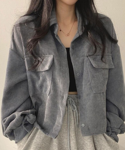 SallyLunn(サリーラン)の「コーデュロイポケットショートシャツ(シャツ/ブラウス・レディース・ブラック/ブラウン/グレー・FREE)」の4枚目の写真