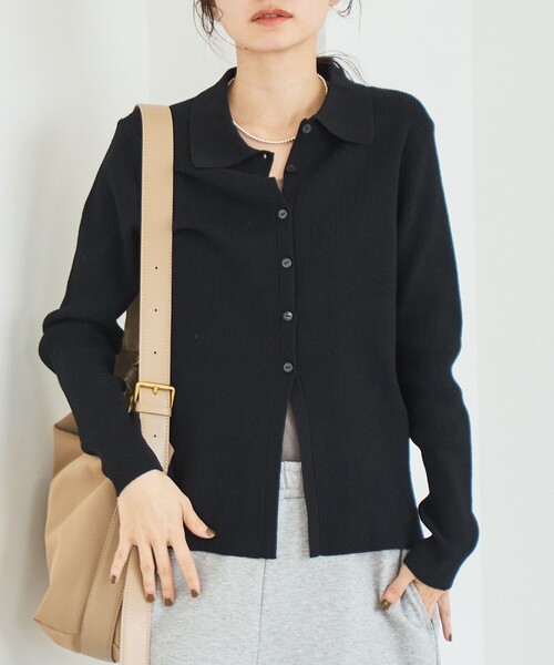 coen（コーエン）の「ウール混 襟付きリブニットカーディガン【YouTube紹介アイテム】（カーディガン/ボレロ・レディース・モカ/ダークブラウン/ブラック・L/M）」の2枚目の写真