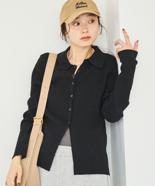 coen（コーエン）の「ウール混 襟付きリブニットカーディガン【YouTube紹介アイテム】（カーディガン/ボレロ・レディース・モカ/ダークブラウン/ブラック・L/M）」の4枚目の写真