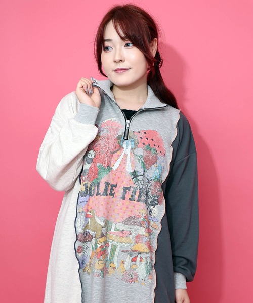 セール】153646：メロウ加工配色ハーフジップワンピース（ワンピース