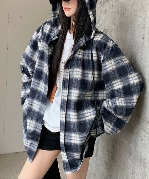 MAISON DE THERESE(メゾン ド テレーズ)の「フード付きチェックのシャケット(テーラードジャケット・レディース・ネイビー・M/L/XL)」の5枚目の写真