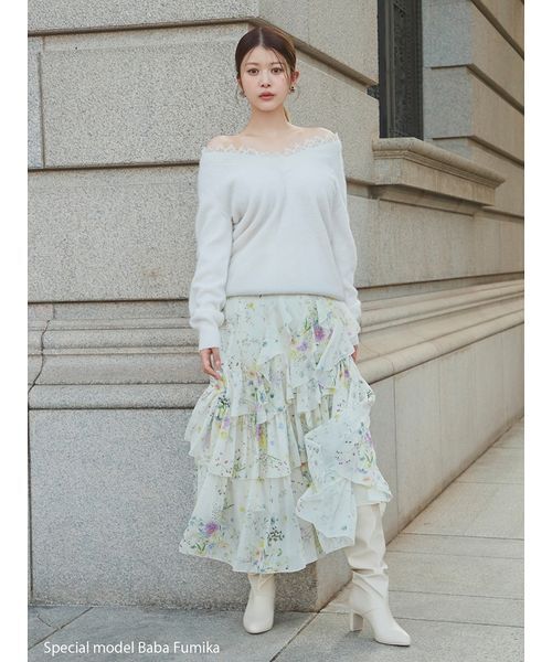 SNIDEL（スナイデル）の「ラッフルフリルティアードスカート（スカート・レディース・アイボリー/その他/ピンク・0/1）」の4枚目の写真