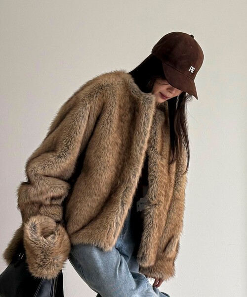 ファー付きダークブラウン　ムートン　ロングコート⭐︎パリ百貨店購入 セール】《WEB限定》【HAVELESS/ハブレス】BLAIRマフラ付きファー