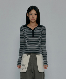 CROSS BUTTON COLLAR STRIPE LONG SLEEVE_CHARCOAL