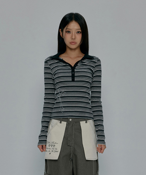 CROSS BUTTON COLLAR STRIPE — полосатая рубашка с воротником на кнопках, длинный рукав, угольный цвет