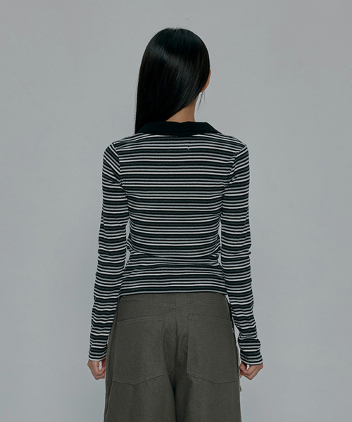 GILAARCHIVE（ギラアーカイブ）の「CROSS BUTTON COLLAR STRIPE LONG SLEEVE_CHARCOAL（ポロシャツ・レディース・チャコール・FREE）」の3枚目の写真