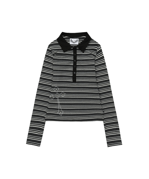 GILAARCHIVE（ギラアーカイブ）の「CROSS BUTTON COLLAR STRIPE LONG SLEEVE_CHARCOAL（ポロシャツ・レディース・チャコール・FREE）」の4枚目の写真