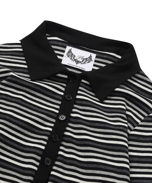 GILAARCHIVE（ギラアーカイブ）の「CROSS BUTTON COLLAR STRIPE LONG SLEEVE_CHARCOAL（ポロシャツ・レディース・チャコール・FREE）」の6枚目の写真