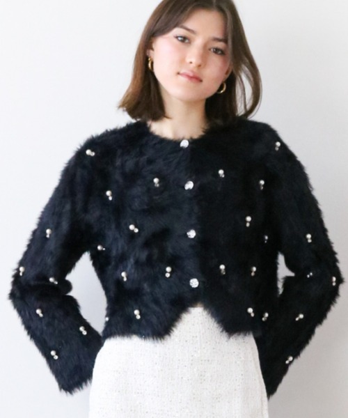 a lot of love(ア ロット オブ ラブ)の「パールビジューアクセント モヘアカーディガン(カーディガン/ボレロ・レディース・ピンク/ホワイト/グレー/ブラック・FREE)」の5枚目の写真