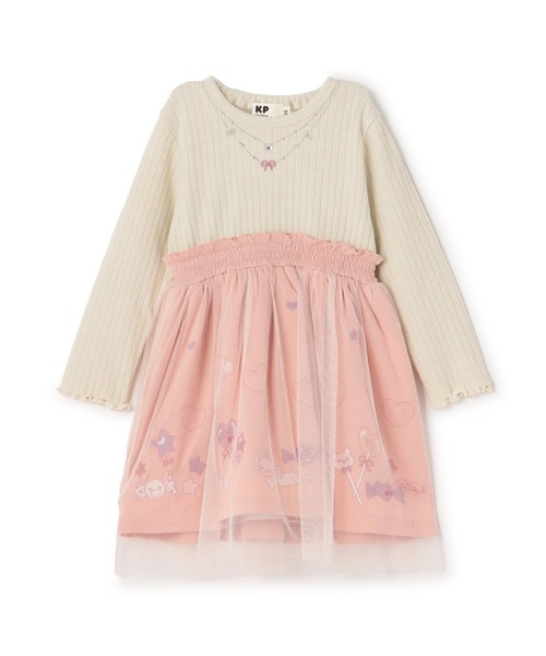 KP（ケーピー）の「mimiちゃん刺しゅう ラメテレコ×チュール ワンピース（ワンピース・キッズ・ピンク/サックスブルー・100cm/110cm/120cm/90cm/130cm）」の2枚目の写真