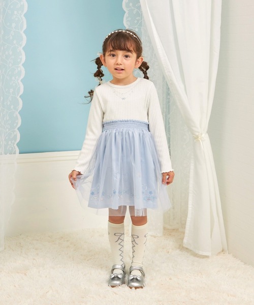 KP（ケーピー）の「mimiちゃん刺しゅう ラメテレコ×チュール ワンピース（ワンピース・キッズ・ピンク/サックスブルー・100cm/110cm/120cm/90cm/130cm）」の3枚目の写真