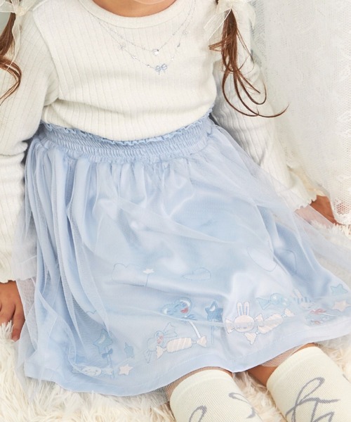 KP（ケーピー）の「mimiちゃん刺しゅう ラメテレコ×チュール ワンピース（ワンピース・キッズ・ピンク/サックスブルー・100cm/110cm/120cm/90cm/130cm）」の4枚目の写真