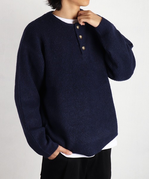 WESTSEA（ウエストシー）の「ウールミックス 片畦ルーズサイズ ヘンリーネックニット クルーネック（ニット/セーター・メンズ・グレー/ブラック/ワイン/ネイビー・M/L）」の3枚目の写真