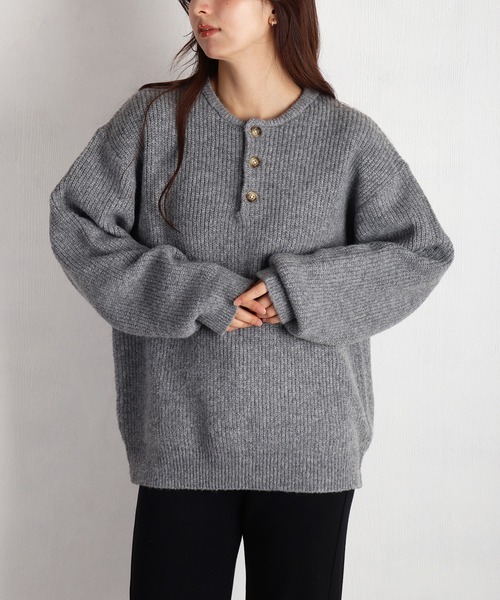 WESTSEA（ウエストシー）の「ウールミックス 片畦ルーズサイズ ヘンリーネックニット クルーネック（ニット/セーター・メンズ・グレー/ブラック/ワイン/ネイビー・M/L）」の2枚目の写真