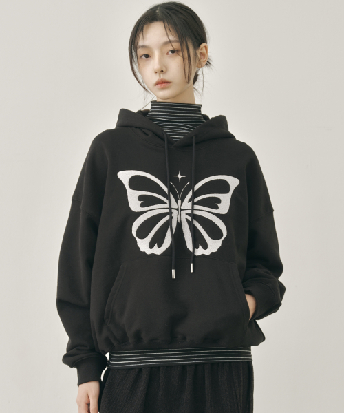 BUTTERFLY EMBROIDERY HOODIE — худи с вышивкой‑бабочкой, чёрно‑серебристый