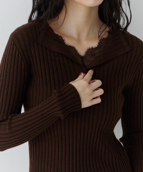 NUJOH(ヌゾ)の「Layered Lace Henley Knit / レイヤードレースヘンリーニット(Tシャツ/カットソー・レディース・ライトベージュ/ブラウン/ホワイト/チャコールグレー・FREE)」の9枚目の写真