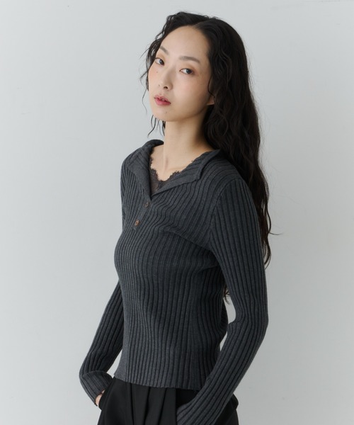 NUJOH(ヌゾ)の「Layered Lace Henley Knit / レイヤードレースヘンリーニット(Tシャツ/カットソー・レディース・ライトベージュ/ブラウン/ホワイト/チャコールグレー・FREE)」の16枚目の写真