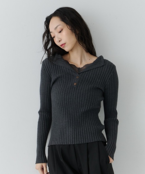 NUJOH(ヌゾ)の「Layered Lace Henley Knit / レイヤードレースヘンリーニット(Tシャツ/カットソー・レディース・ライトベージュ/ブラウン/ホワイト/チャコールグレー・FREE)」の17枚目の写真