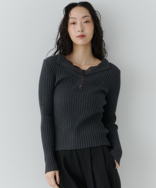NUJOH(ヌゾ)の「Layered Lace Henley Knit / レイヤードレースヘンリーニット(Tシャツ/カットソー・レディース・ライトベージュ/ブラウン/ホワイト/チャコールグレー・FREE)」の18枚目の写真