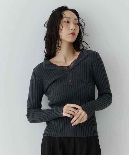 NUJOH(ヌゾ)の「Layered Lace Henley Knit / レイヤードレースヘンリーニット(Tシャツ/カットソー・レディース・ライトベージュ/ブラウン/ホワイト/チャコールグレー・FREE)」の19枚目の写真