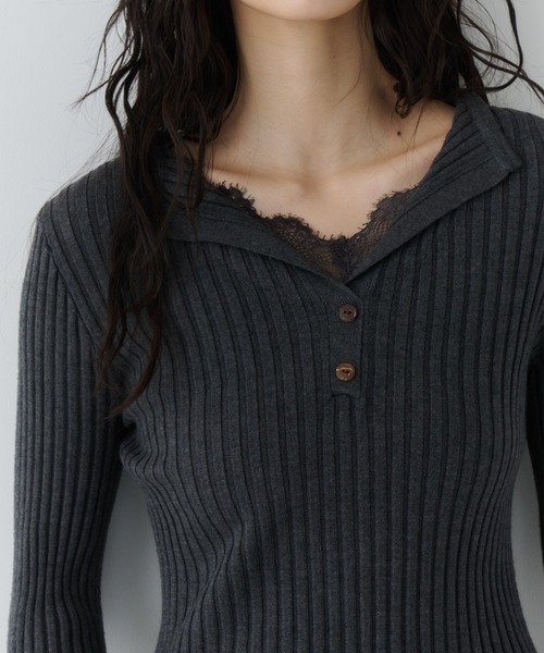 NUJOH(ヌゾ)の「Layered Lace Henley Knit / レイヤードレースヘンリーニット(Tシャツ/カットソー・レディース・ライトベージュ/ブラウン/ホワイト/チャコールグレー・FREE)」の22枚目の写真