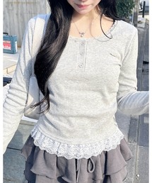 INGNI | ヘンリーネックレース付プレートロゴ長袖リブトップス(Tシャツ/カットソー)