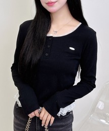 INGNI | 【WEB限定】ヘンリーネックレース付プレートロゴ長袖リブトップス(Tシャツ/カットソー)