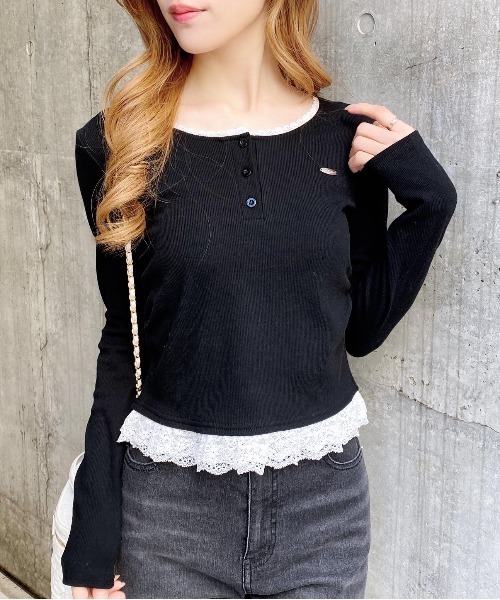 INGNI（イング）の「ヘンリーネックレース付プレートロゴ長袖リブトップス（Tシャツ/カットソー・レディース・ブラック/グレー・M）」の13枚目の写真