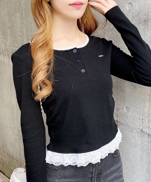INGNI（イング）の「ヘンリーネックレース付プレートロゴ長袖リブトップス（Tシャツ/カットソー・レディース・ブラック/グレー・M）」の15枚目の写真