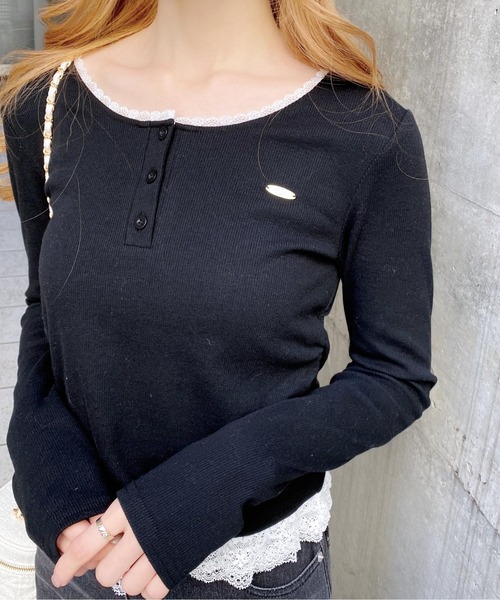INGNI（イング）の「ヘンリーネックレース付プレートロゴ長袖リブトップス（Tシャツ/カットソー・レディース・ブラック/グレー・M）」の16枚目の写真