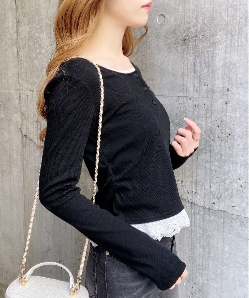 INGNI（イング）の「ヘンリーネックレース付プレートロゴ長袖リブトップス（Tシャツ/カットソー・レディース・ブラック/グレー・M）」の17枚目の写真