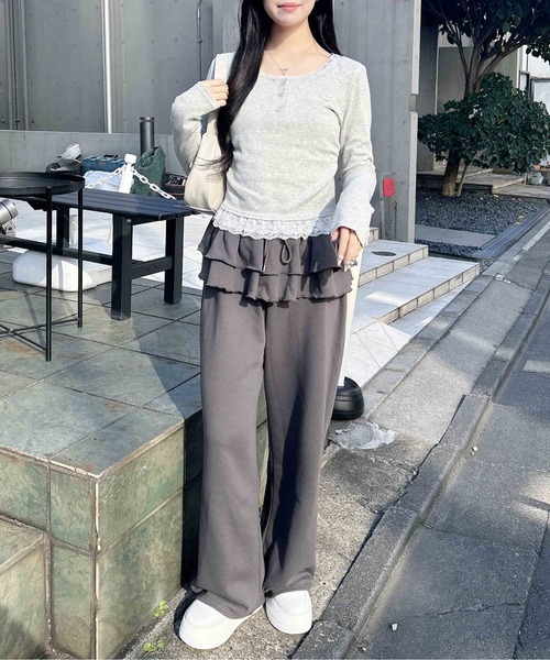 INGNI（イング）の「ヘンリーネックレース付プレートロゴ長袖リブトップス（Tシャツ/カットソー・レディース・ブラック/グレー・M）」の12枚目の写真