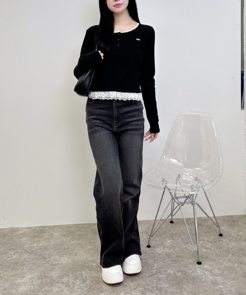 INGNI(イング)の「【WEB限定】ヘンリーネックレース付プレートロゴ長袖リブトップス(Tシャツ/カットソー・レディース・ブラック/グレー・M)」の19枚目の写真