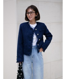 ノーカラージャケット（ブルー・ネイビー/青色系・ツイード