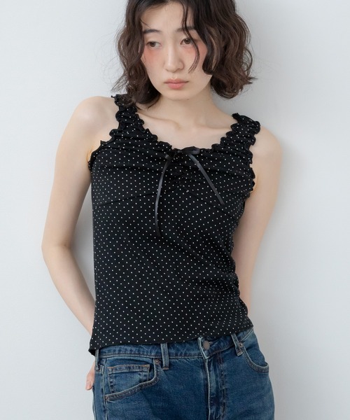 HEILIS(ヘイリス)の「ドットリボンタンクトップ / イエロー オフホワイト アイボリー ブラック 水玉 韓国 春服 秋服 夏服 カジュアル タンクトップ キャミソール インナー レイヤード トップス カットソー ガーリー フレンチシック(タンクトップ・レディース・イエロー/アイボリー/ブラック・FREE)」の1枚目の写真