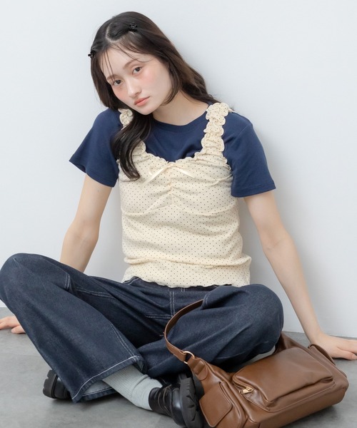 HEILIS(ヘイリス)の「ドットリボンタンクトップ / イエロー オフホワイト アイボリー ブラック 水玉 韓国 春服 秋服 夏服 カジュアル タンクトップ キャミソール インナー レイヤード トップス カットソー ガーリー フレンチシック(タンクトップ・レディース・イエロー/アイボリー/ブラック・FREE)」の22枚目の写真