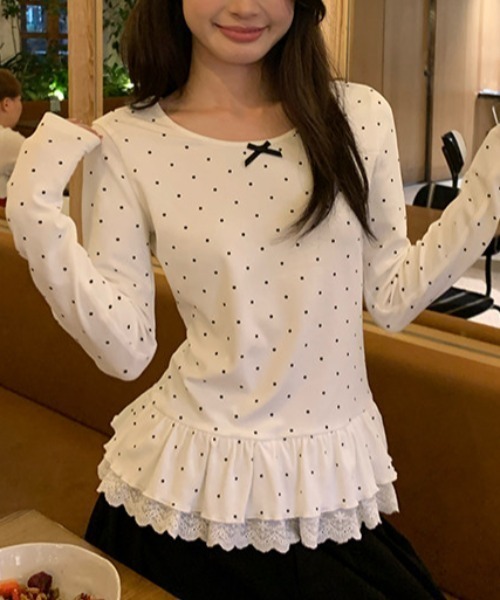 GEMEDA(ジェメダ)の「【26春新作】リボン付き レイヤード風 長袖カットソー(Tシャツ/カットソー・レディース・ブラック/ホワイト/ブラック系その他/ホワイト系その他・M)」の2枚目の写真