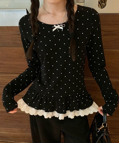 GEMEDA(ジェメダ)の「【26春新作】リボン付き レイヤード風 長袖カットソー(Tシャツ/カットソー・レディース・ブラック/ホワイト/ブラック系その他/ホワイト系その他・M)」の4枚目の写真