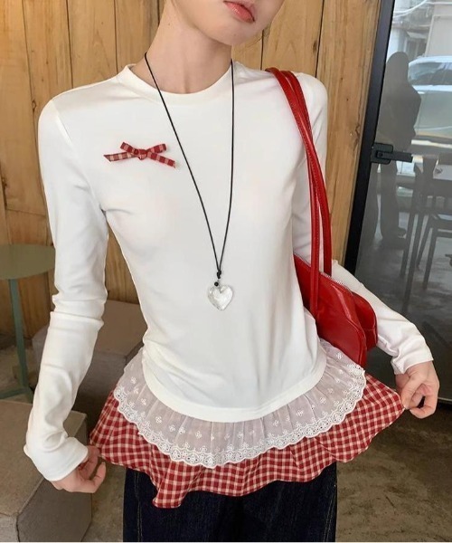 GEMEDA(ジェメダ)の「【26春新作】リボン付き レイヤード風 長袖カットソー(Tシャツ/カットソー・レディース・ブラック/ホワイト/ブラック系その他/ホワイト系その他・M)」の1枚目の写真